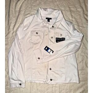 Bandolino White Knit Jean Jacket Women's XL Button Front Stretch Denim Style